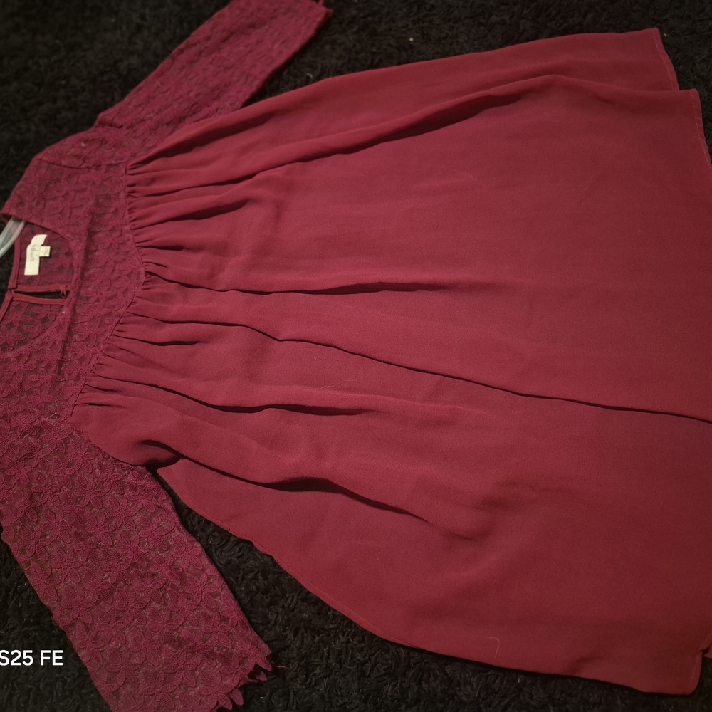 Burgundy Lace Yoke Long Sleeve Flowy Dress